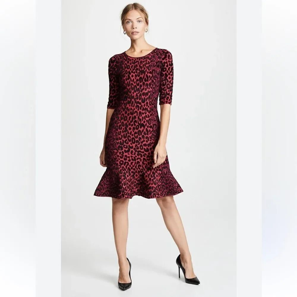 MILLY Cheetah Brocade Dress Textured Mermaid Flounce Glam